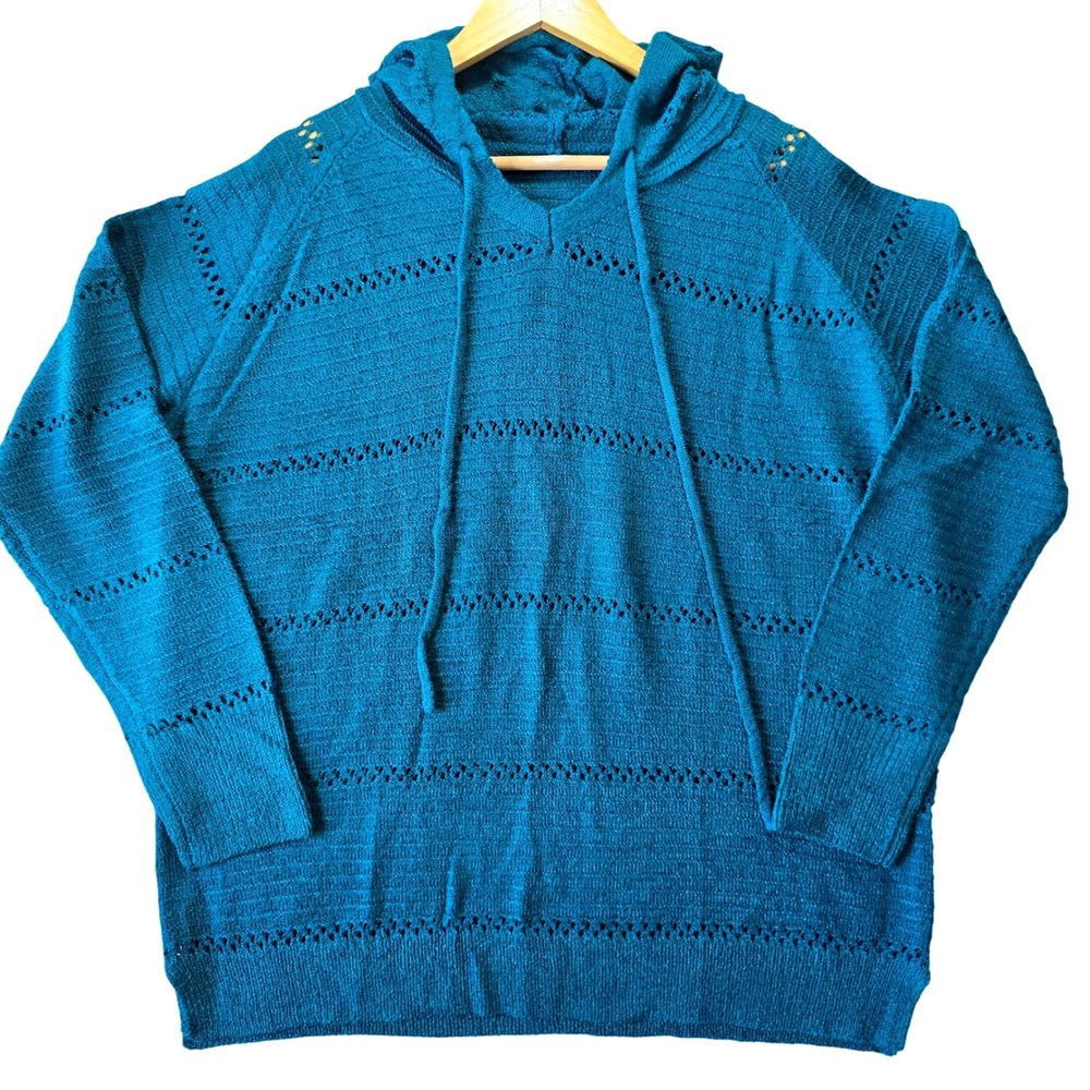 Womens Size XL Teal Hooded V Neck Openwork Knit Pullover Sweater